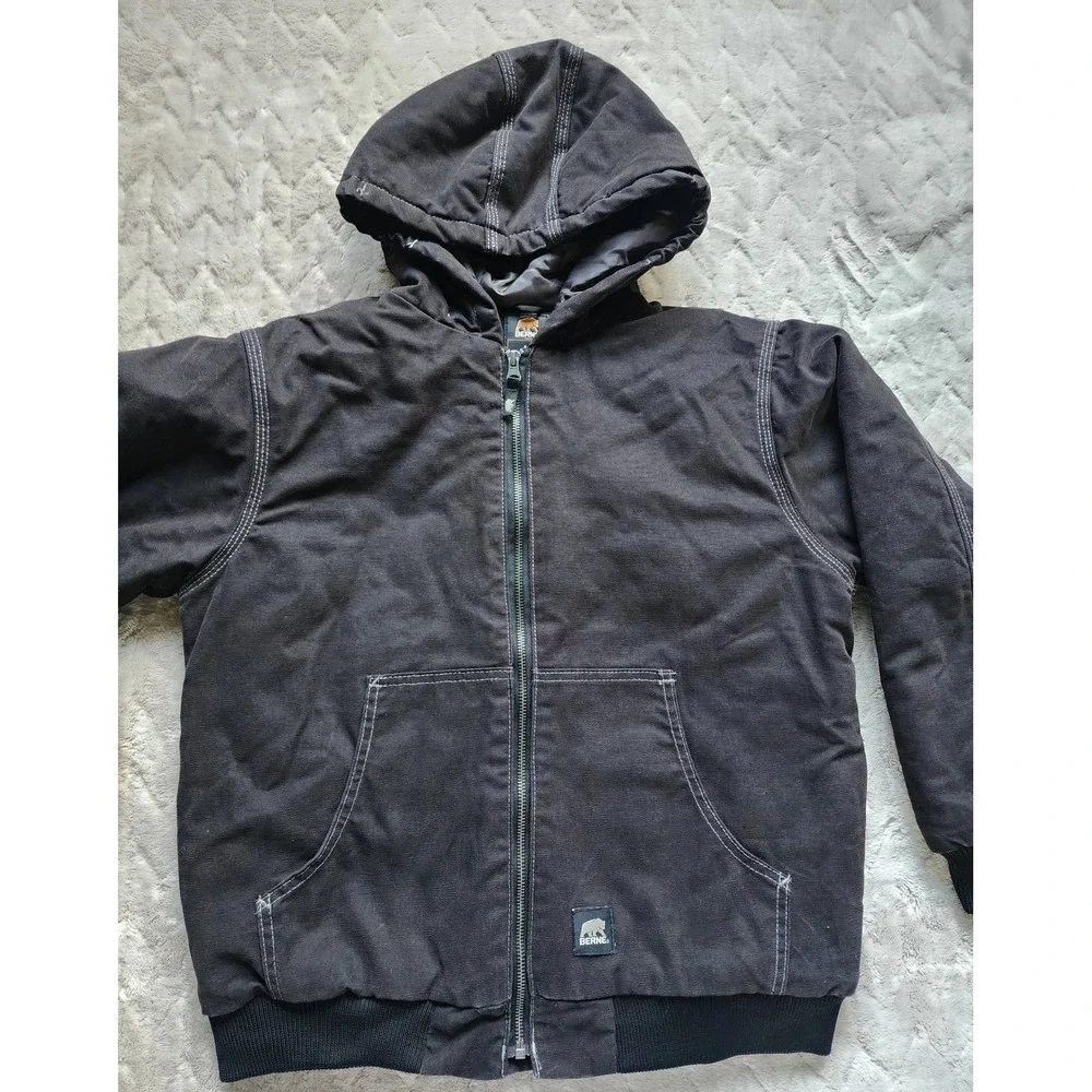 Berne Kids Black Canvas Hooded Workwear Jacket L Cotton Duck Zip Up Coat